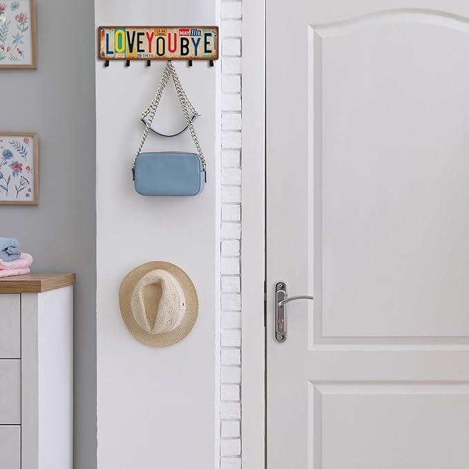 Key Holder Wall Mount Love You Bye Key Holder Hook Rack Organizer Hanger with 6 Hooks for Wall Express Love Art Sign Decor for Entryway Front Door(Vintage Style,11.8 x 4)