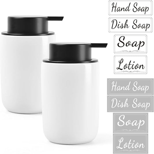BosilunLife Foaming Soap Dispenser Set - White Ceramic Foam Hand Dispenser 12oz Soap Dispenser Set with Rust Proof Pump, 4Pcs Clear Stickers for Kitchen, Bathroom - 2 Pack
