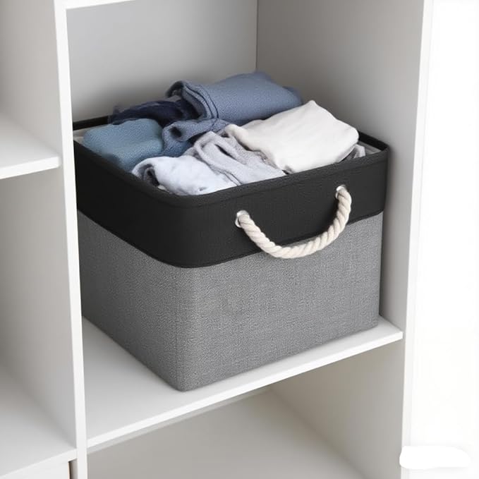 Fabric Storage Cubes, 11 inch cube storage bin with Handles, 11x11cube storage organizer bins, Collapsible Storage Bins for Shelves and Home, Cubby Storage Bins (Black-Gray, 10.5x10.5x11in)