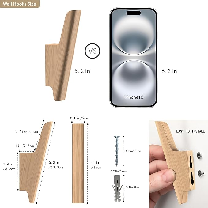 Wood Wall Hooks 4 Pack Coat Hooks Wall Mount Natural Wooden Hooks for Hanging Hat, Bag, Backpack, Rustic Coat Hooks for Wall, Wood Towel Hooks for Bathrooms and Entryway Hooks