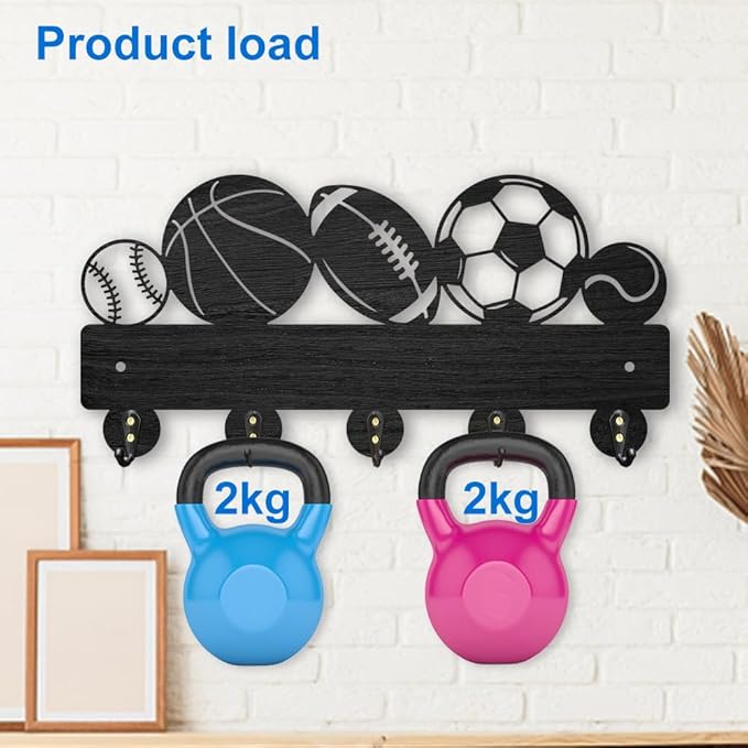 MAYJOYDIY Sports Basketball Football Coat Hooks Wall Mounted 11.85.7inch Wood Key Holder for Tennis Baseball Rugby 5 Alloy Hooks Key Rack Entryway Hallway Art Decor Gift