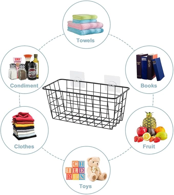 5 Pack Hanging Storage Basket, Bathroom Basket, Household Goods, with Traceless Tape, no Drilling, for Cabinet Storage, Kitchen, Bathroom, Storage Room,Black