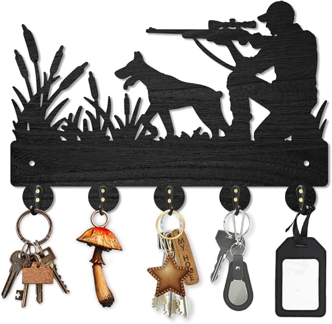 MAYJOYDIY Hunter Hunting Hound Coat Rack Wall Mounted Wood Man Dog Animal Reed Key Hooks for Wall 11.8×7.9inch Black Key Holder Hanger Wall Art Decor 5 Alloy Hooks for Gift Hallway Entryway Kitchen