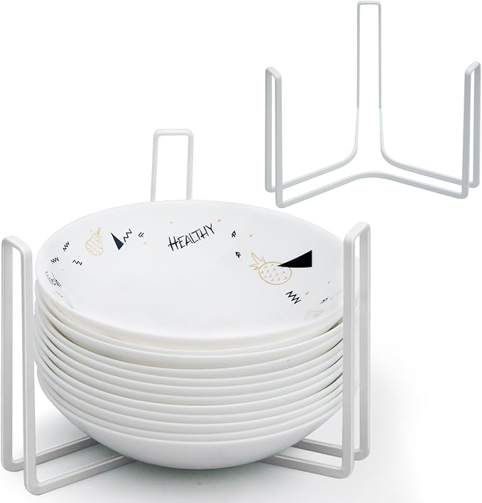 Dinnerware Bowl Plate Holder Fit for 6.5 Inches Diameters Bowl, Metal Bowl Storage Dying Display Rack for Kitchen Drawer, Countertop, Cabinet, Shelf, Cupboard (White, Large 2PCS)