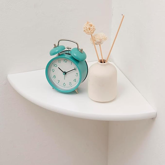 Corner Shelf, Solid Oak Wood Floating Corner Shelf Wall Mount Round End Floating Speaker Shelves with Wire Hole for Small Plant Photo Frame for Bedroom Kitchen, Living Room (White, 8.7in)