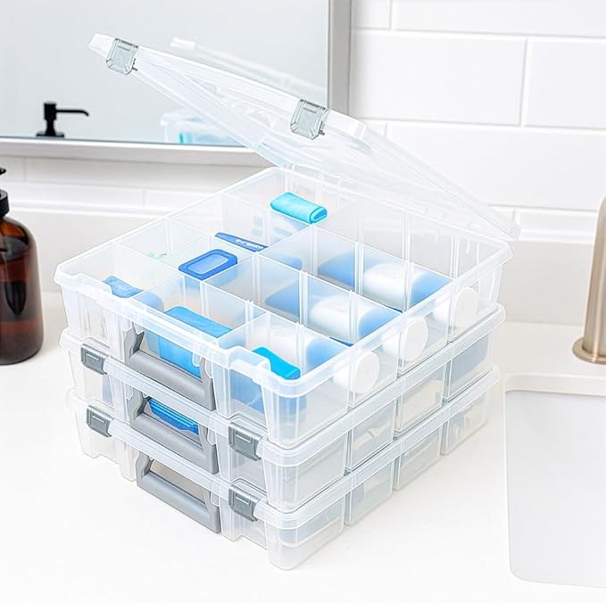 Best Kept Clear Plastic Storage Bin with Dividers | Multi - Use Container for Bathroom Counter, Kitchen, Pantry, Makeup & Beauty Essentials, 3 Pack
