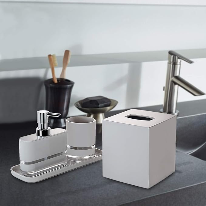 Decozen Bathroom Accessories Set of 4 - Elegant Soap Dispenser, Tumbler, Tissue Box & Tray for Modern Decor Home Decor Bath Accessories, Ideal Bathroom Decor & Housewarming Gift - Light Grey