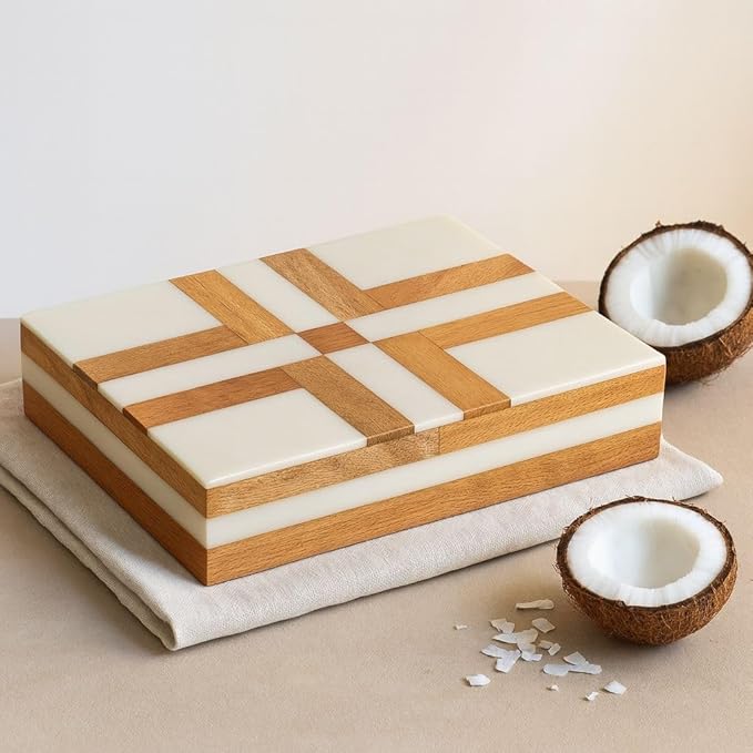 Decorative Storage Box, Handmade Chevron Pattern, Boho Style, Multipurpose Gift Box (white and mango, 12X4X2.5 Inch)