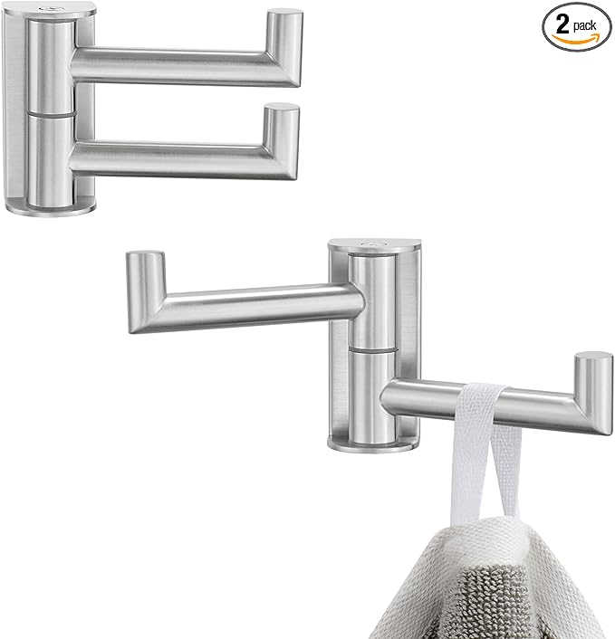 Brushed Nickel 2 Pack Swivel Coat Hooks, 304 Stainless Steel Foldable Towel Hooks with 2 Rotating Arms, Wall Mounted
