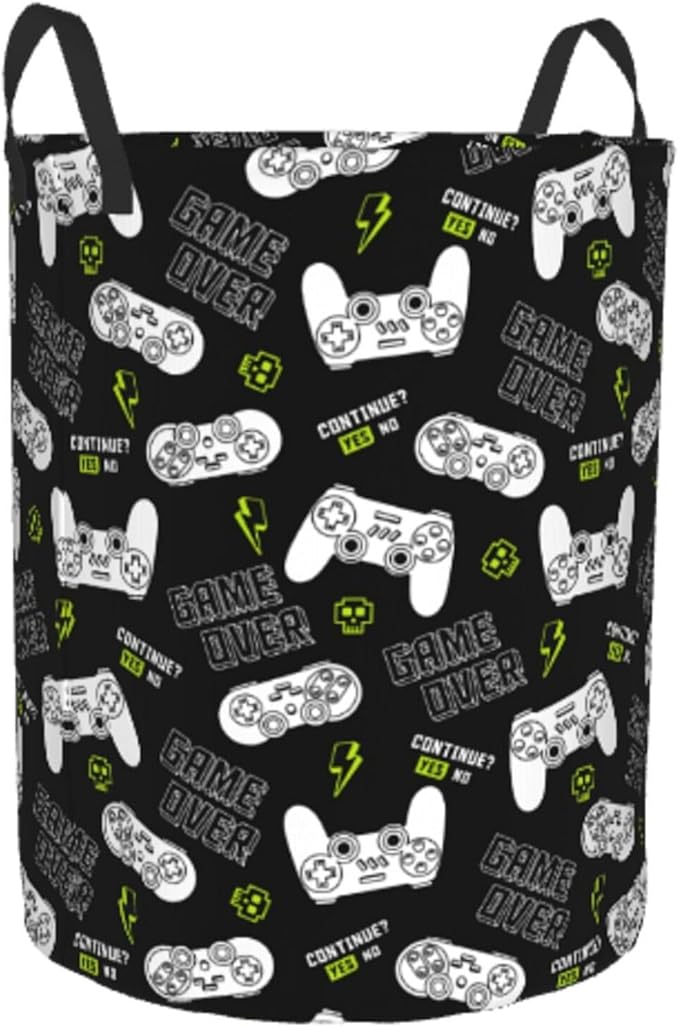 Game Controllers Pattern Round Laundry Hamper Gaming Joysticks Gamepad Storage Basket Toys Clothes Organizer Bin For Home Bathroom Bedroom Dorm Nursery, 62l