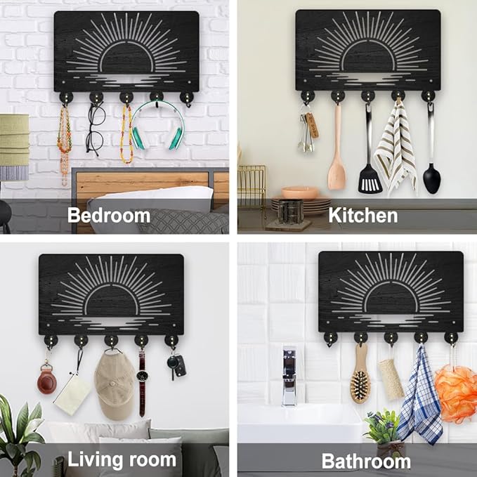 MAYJOYDIY Sunrise Sea Wood Key Holder for Wall 11.8x7.8inch Romantic Scenery Wall Mounted Key Hooks Coat Hanger Rack with 5 Alloy Hooks for Entryway Front Door Kitchen Office Decoration