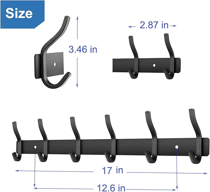 Black Wall Hooks, 17 Inch Coat Rack Wall Mount with 6 Hooks, Wall Hooks Heavy Duty for Hanging Backpack, Bag, Purse, Clothes, Hat, Coat, Towel | Entryway & Bathroom Storage Organization Hanger