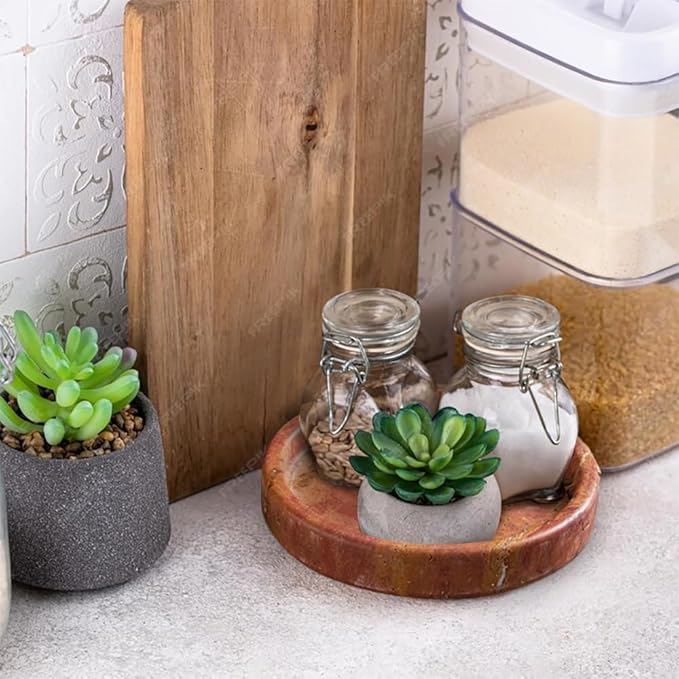 Natural Travertine Tray for Bathroom Countertop & Coffee Table, Round Stone Serving Dish with Marble Finish (Red, 5.9")
