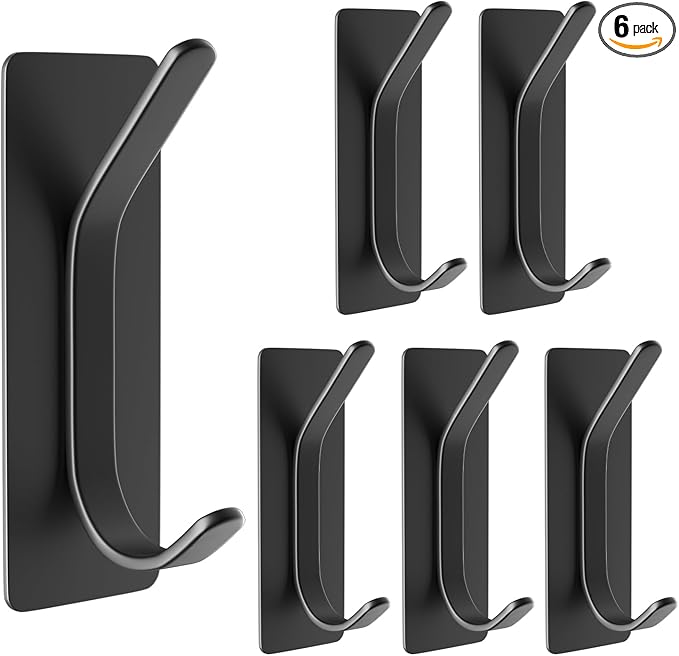 Adhesive Wall Hook for Towel, Coat, Extra Sticky 8LB Stainless Hook, Stick on Hanger for Bath or Shower, Black 6-Pack
