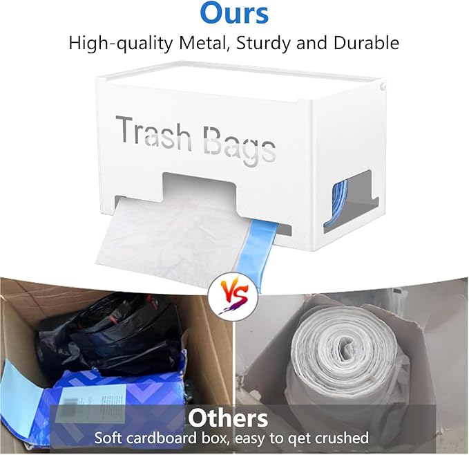 Large Trash Bag Holder Dispenser, Metal Garbage Bag Dispenser Roll Holder, Kitchen Trash Storage Organizer for Under Sink, Wall Mounted or Countertop, White