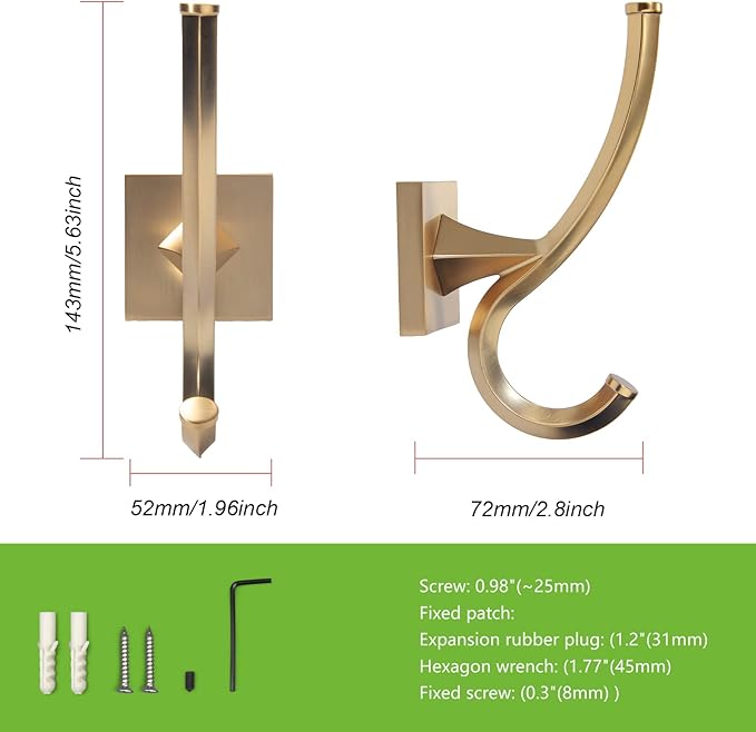 TUNNY 2 Pack Vintage Wall Hooks-Champagne Gold Coat Hooks Towel Hook for Hanging Heavy Duty Bathroom Hook Hat Hook Double Wall Mounted Coat Hanger