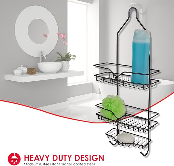 Home Basics Classic 2 Shelf Shower Caddy with Bottom Hooks and Center Soap Dish Tray, Bronze, Black