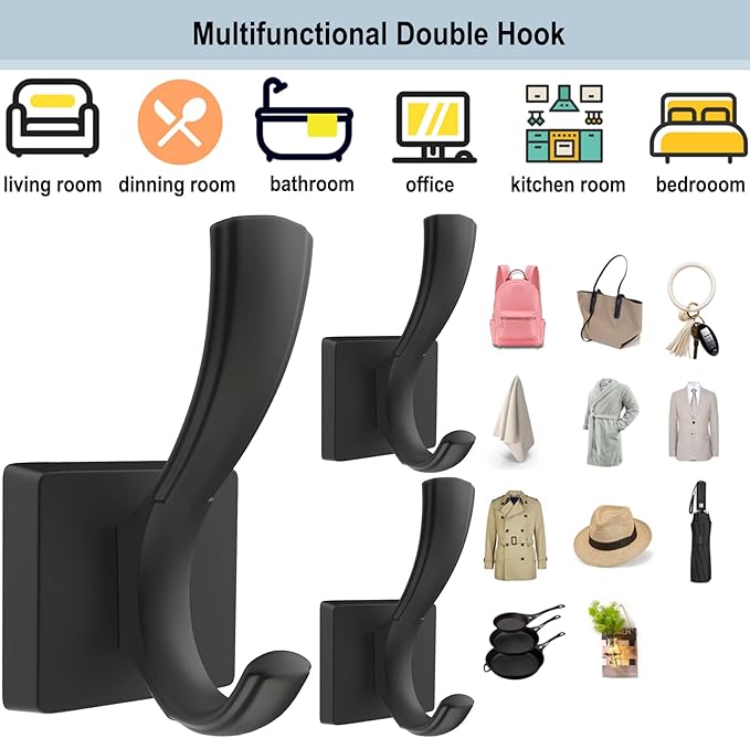 Black Wall Hooks Coat Hook, Towel Hooks Robe Hook for Bathroom, Entryway Mudroom Hooks for Hanging Coat Key Hat Backpack (8 Pack, Black)
