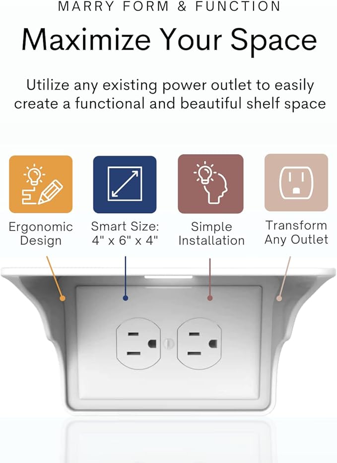 Power Perch Horizontal Wall Outlet Shelf with Cord Storage Strap - Declutter & Reclaim Bathroom Counter Space - Alexa Stand, Apple Homepod Shelf, Toothbrush Holders Wall Mounted - White, 2-Pack