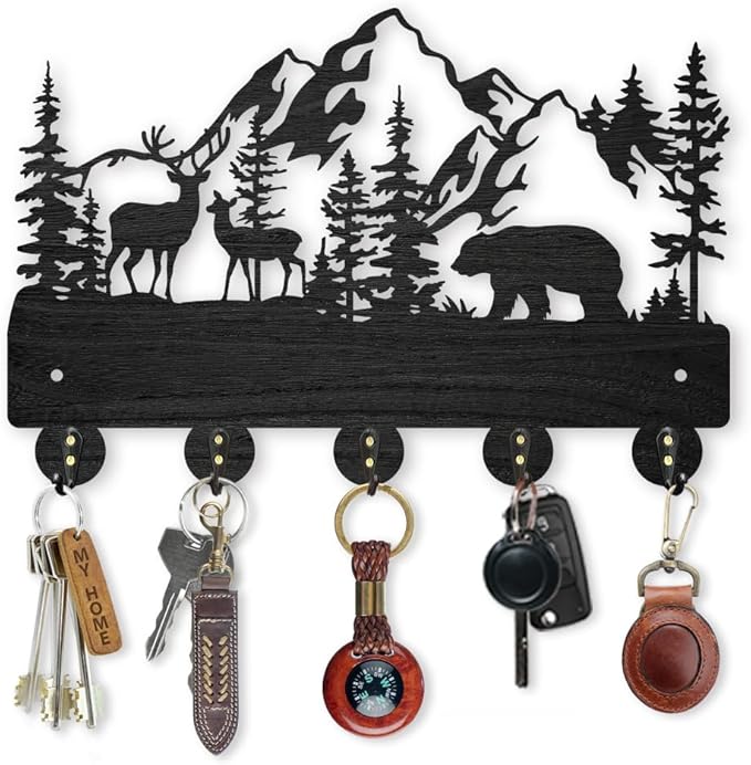 MAYJOYDIY Forest Deer Bear Coat Hooks 11.8×7.9inch Wood Animal Mountain Key Holder for Wall Tree Wild Animal Wall Key Hooks Hanger 5 Alloy Hooks for Home Art Decor Gift Farmhouse Front Door Kitchen