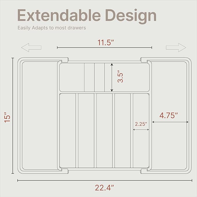 Gray Expandable Utensil Drawer Organizer 1 Pack, Adjustable 13” to 22.4”, 8 Compartment Silverware Organizer for Kitchen Utensils, Spatulas, Cutlery, and Tools, Easy to Clean, Durable, and BPA-Free