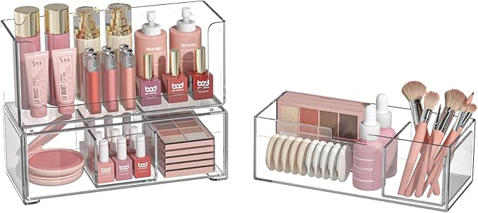 Bathroom Drawer Organizer Stackable Storage Drawers Clear Plastic Storage Bins Medicine Cabinet Organizer Makeup Organizers w Removable Divider Home Workspace Office Desktop Vanity Gift Idea 2Pack