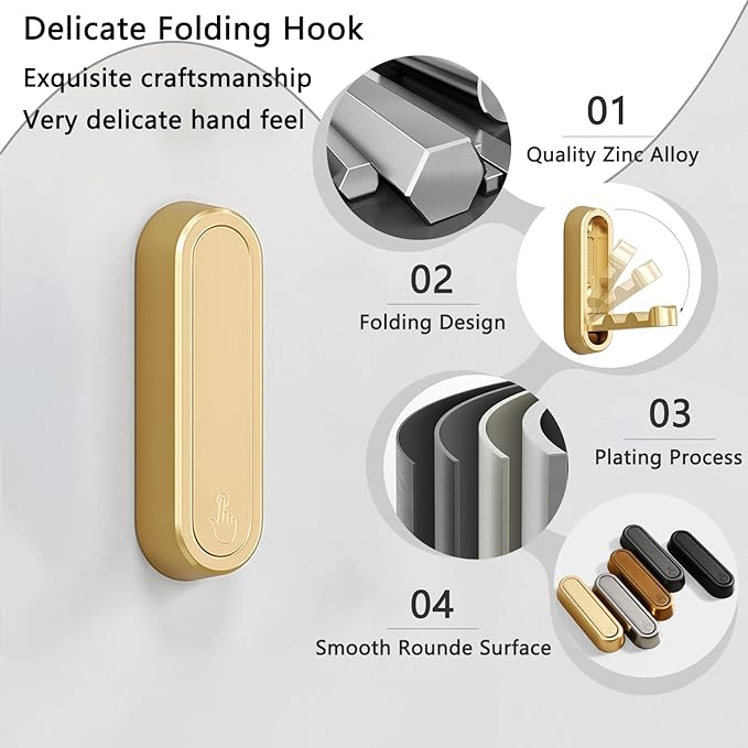 2PCS Folding Coat Hooks, Heavy Duty Wall Hooks Made of Zinc Alloy, Foldable Wall Hooks for Hanging Coats, Scarves, Hats, Bathrobes, Keys, Bags(Gold)