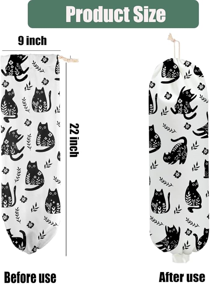 2 Pcs Cat Plastic Bag Holder, Floral Plastic Bag Holders for Grocery Bags, Reusable Large Grocery Bags Storage Dispenser for Home Kitchen Pantry Decor, Cute Cats Gifts for Women Mom Cat Lovers