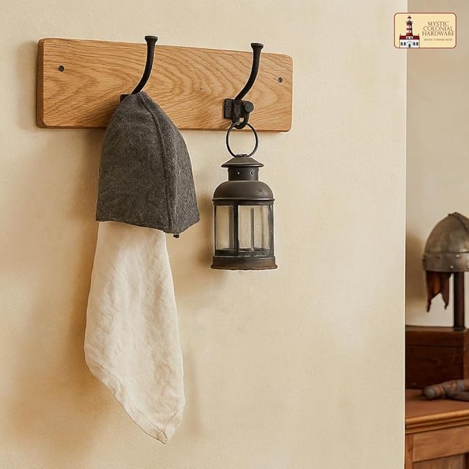 Mystic Colonial Medieval Rustic Cast Iron Wall Hooks (Set of 2) | (4 in x 3 in) Vintage Black Coated Double Coat & Hat Hook Hangers | Heavy-Duty Farmhouse, Gothic & Modern Decor