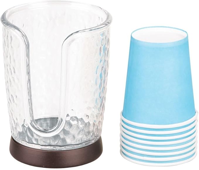 mDesign Plastic/Steel Compact Small Disposable Paper Cup Dispenser Storage Holder for Rinsing Cups on Bathroom Vanity Countertops - Rain Collection - Clear/Bronze