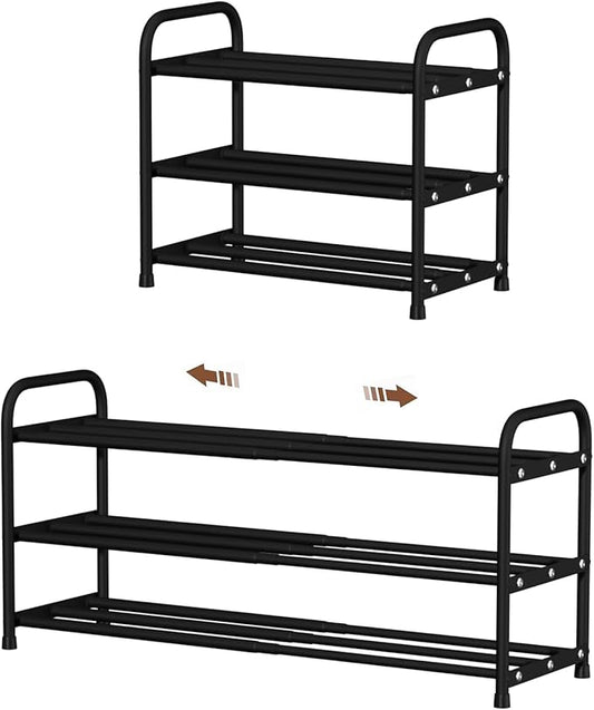 3-Tier Expandable Shoe Rack, 9.4" Ultra-Slim Metal Shoe Shelf for Entryway & Closet, 17.3"-31.5" Adjustable Length, Narrow Space-Saving Shoe Organizer for Dorm, Apartment
