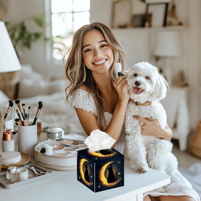 Moon Cat Tissue Box Holder, Starry Sky Square Tissue Box Cover Foldable Tissue Storage Box Waterproof Paper Towel Case Container Organizer Tissue Box Holder for Bedroom Office Car