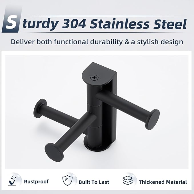 APLusee Swivel Towel Hook 3 Arms Matte Black, 304 Stainless Steel Foldable Coat Hanger Bathroom Robe Towel Hook, Wall Kitchen Storage Holder