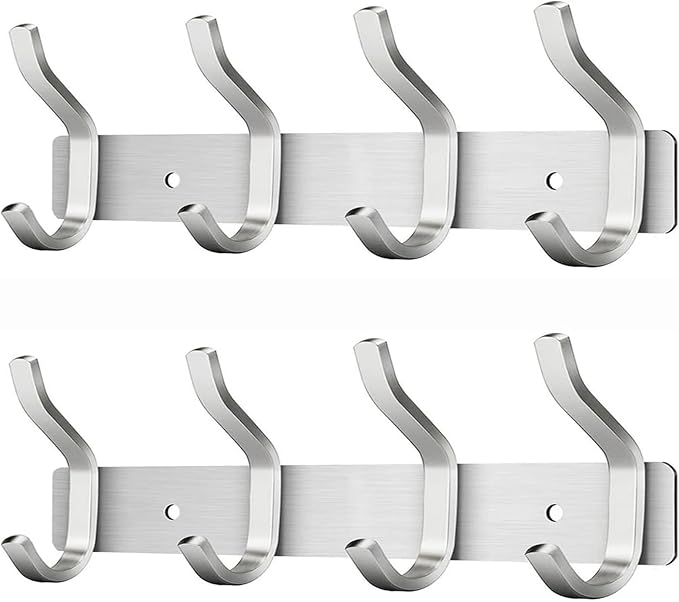 12 Inch Coat Rack Wall Mount 2 Packs, Wall Hooks with 4 Hooks, Silver Wall Hooks Hangers for Entryway, Bathroom - for Hanging Backpack, Bag, Coat, Purse, Hat, Towel, Clothes