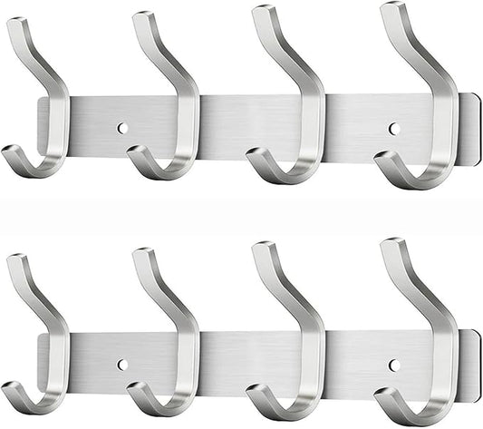 12 Inch Coat Rack Wall Mount 2 Packs, Wall Hooks with 4 Hooks, Silver Wall Hooks Hangers for Entryway, Bathroom - for Hanging Backpack, Bag, Coat, Purse, Hat, Towel, Clothes