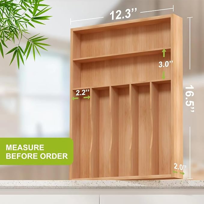 Bamboo Utensil Drawer Organizer, Silverware Tray Organizer, Kitchen Drawer Organizer for Flatware Cutlery, Silverware Tray for Drawer (Natural, Large 16.5x12.3 Inch)