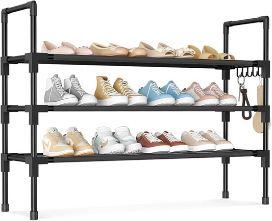 3 Tier Shoe Rack, Shoe Organizer Storage for 16-20 Pair Boot and Sneaker, Stackable Free Standing Shoe Shelf with Hooks and Side Pocket, Space Saving Shoes Rack for Closet, Entryway