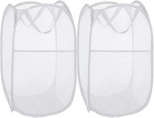 BATTOO Deluxe Strong Mesh Pop up Laundry Hamper Basket with Side Pocket Foldable Hamper for Laundry Room, Bathroom, Kids Room, College Dorm or Travel White + White