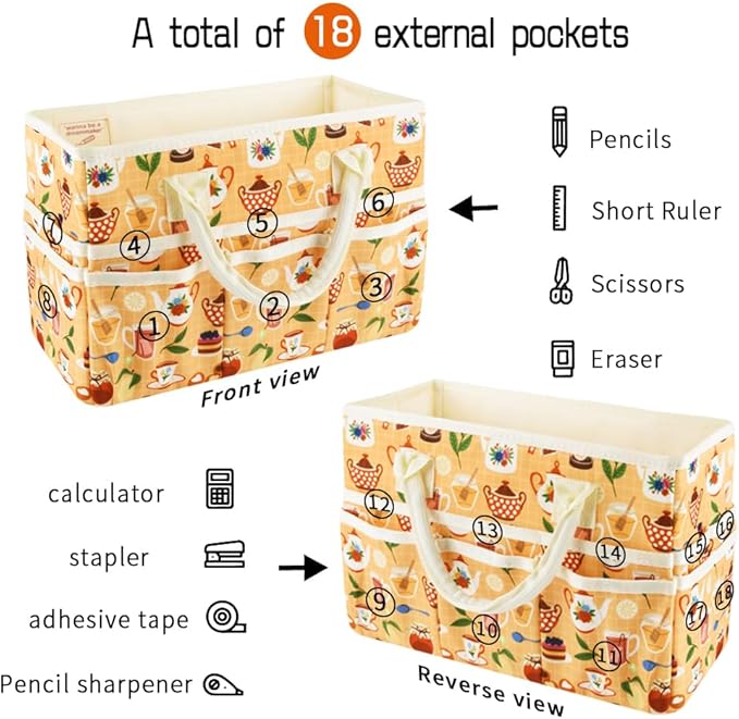 E-WEICHEN Craft Organizer Tote Bag Art Storage Caddy with Multiple Pockets Containers for Art,Craft,and Office Supplies Storage.Yellow Teapot