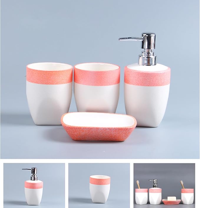 Bathroom Accessories Set of Ceramic soap Dispenser, 2 Toothbrush Cups, soap Dish, Exquisite Snowflake Glaze Technology Bathroom Accessories 4-Piece Set (Pink)