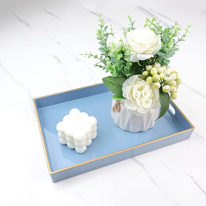 Spsyrine Blue Bathroom Vanity Tray with Handles for Dresser Tops, Countertop, Perfume Decorative Tray, 11.8â * 7.87â *1.37â