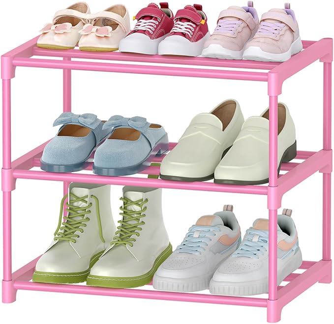 3-Tier Pink Shoe Racks for Women/Girls/Kids' Closet, Small Shoe Storage for 5-7 Pairs, Lightweight Stackable Shoe Shelf Organizer for Entryway, Front Door Entrance, Bedroom