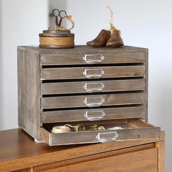 Vintage Wooden Storage Box Desktop Organizer Cabinet with 6 Drawers Rustic Farmhouse Distressed Decor Jewelry Cosmetics Craft Paper Small Tool Library Card Catalog Cabinet for Home Office Desk (Brown)