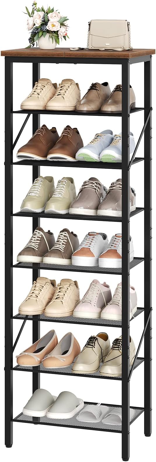 8-Tier Narrow Shoe Rack, Vertical Shoe Storage Organizer, for 8-16 Pairs, Shoe Shelf with Metal Frame, for Hallway, Entryway, Living Room, Rustic Brown and Black SRHR08401