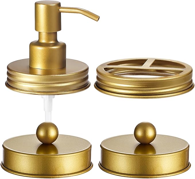 Mason Jar Bathroom Accessories Lids Set(4pcs) - Jars Not Included - Soap Dispenser, Apothecary Jars Lids for Regular Mouth Mason Jars, Wide Mouth Toothbrush Holder lid,-Stainless Steel,Gold