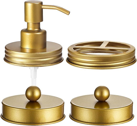 Mason Jar Bathroom Accessories Lids Set(4pcs) - Jars Not Included - Soap Dispenser, Apothecary Jars Lids for Regular Mouth Mason Jars, Wide Mouth Toothbrush Holder lid,-Stainless Steel,Gold