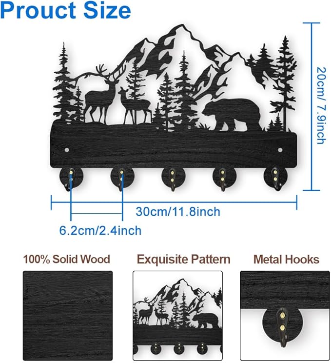 MAYJOYDIY Forest Deer Bear Coat Hooks 11.8×7.9inch Wood Animal Mountain Key Holder for Wall Tree Wild Animal Wall Key Hooks Hanger 5 Alloy Hooks for Home Art Decor Gift Farmhouse Front Door Kitchen