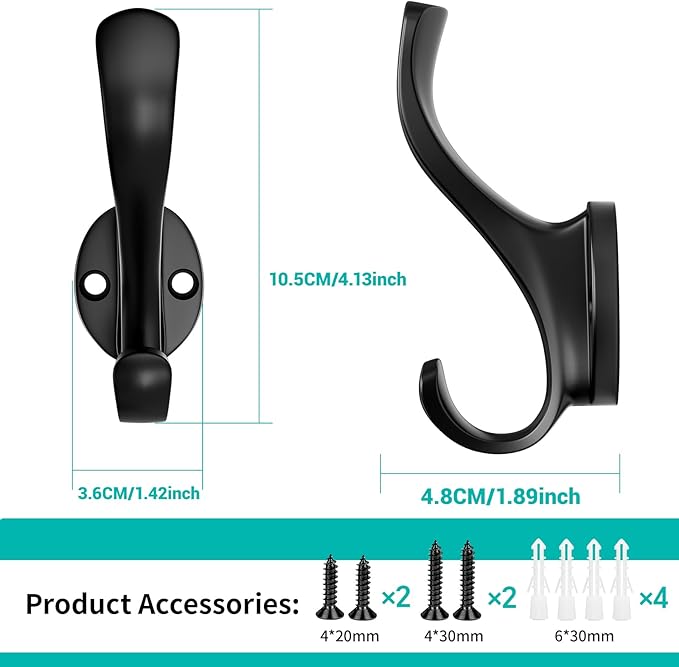 Coat Hooks Heavy Duty - Easy to Install Metal Towel Hooks Screw-in Wall Hooks for Hanging Hat, Towel, Key, Robe, Scarf, Bag, Cap (12, Black)