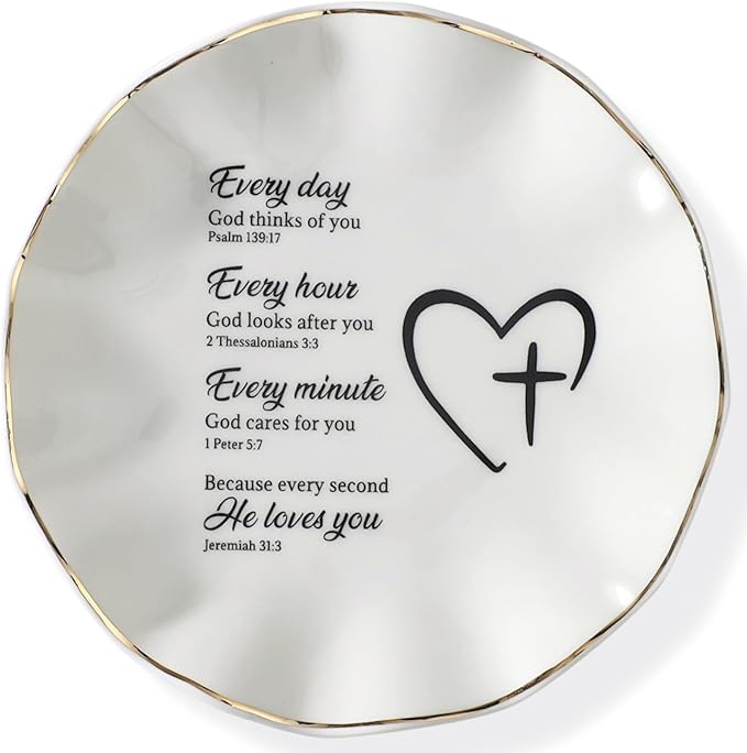 HOME SMILE Christian Gifts for Mom Faith Ring Dish with Bible Verse Prayers, Religious Spiritual Gifts for Women Friend Birthday - Every Second God He Loves You