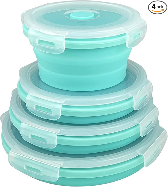 Guyuyii Collapsible Bowl Set - 4 Pack Silicone Food Storage Containers with Lids - Microwave, Dishwasher and Freezer Safe Kitchen Essentials for Meal Prep, Picnics, Camping, RVs, and Busy Families